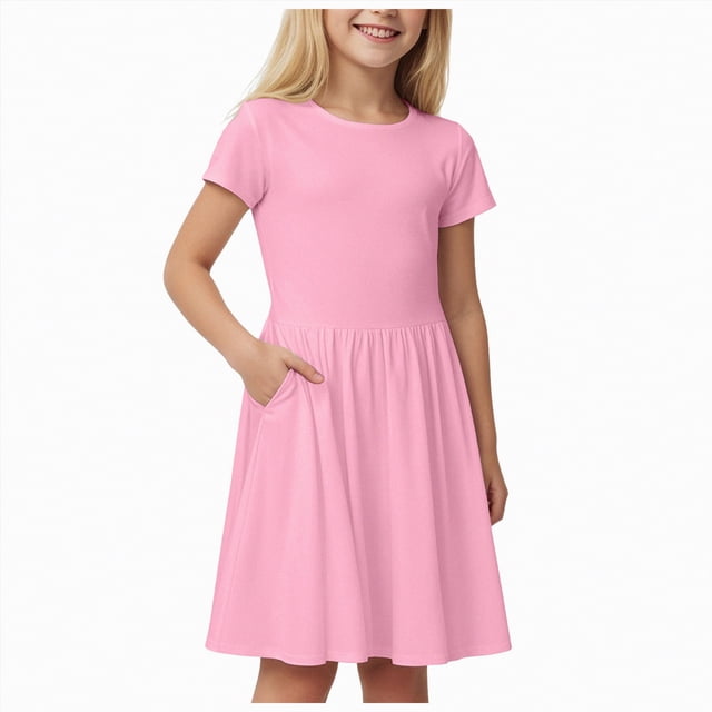 Gubotare Robe d'Anniversaire pour Fille Robe pour Fille Décontractée Col Rond Ligne A Manches à Volants Longueur Genou Robes Taille 13-14 (Rose, 13-14 Ans)