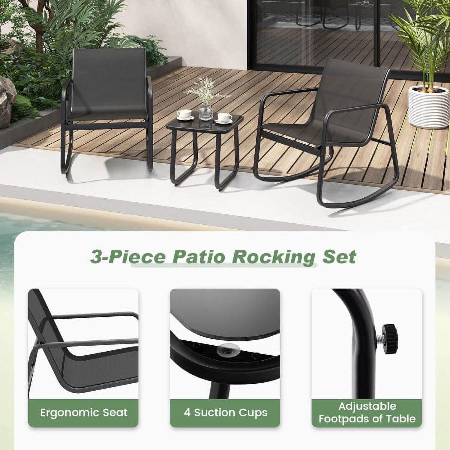 Aimee Lii Patio Furniture Set with 2 Rocking Bistro Chairs and Glass Top Table for Porch Yard Balcony, Black Aimee Lii Patio Furniture Set with 2 Rocking Bistro Chairs and Glass Top Table for Porch Yard Balcony, Black