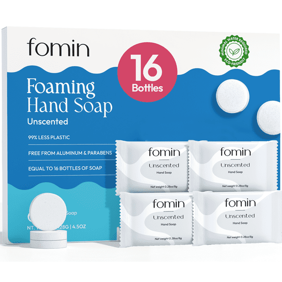 FOMIN Foaming Hand Soap Refills (16 Pack) - Fragrance-Free Foaming Hand Soap Tablets - Skin Friendly Foam Soap Refill for Hand Wash - Makes 128 fl oz (16 x 8 fl oz)