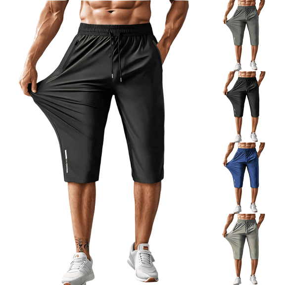 Men's Capri Pants 3/4 Joggers Gym/Workout/Hiking Below Knee Long Shorts Lightweight Quick Dry with Zipper Pockets Black L
