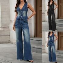 FRSASU Women 2 Piece Denim Set Button Sleeveless Jean Vest Denim Top Shirt Wide Leg Jeans Pants Outfits Blue XL(XL)