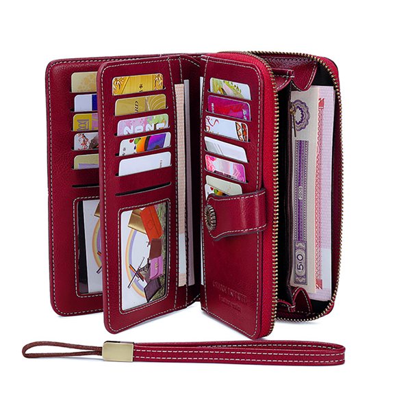 Kingswick Women's Large Capacity Wallet with 23 Card Holders and 2 ID Windows, Genuine Leather Women's Wallet with RFID Flap Cell Phone, Wrist Wallet Clutch