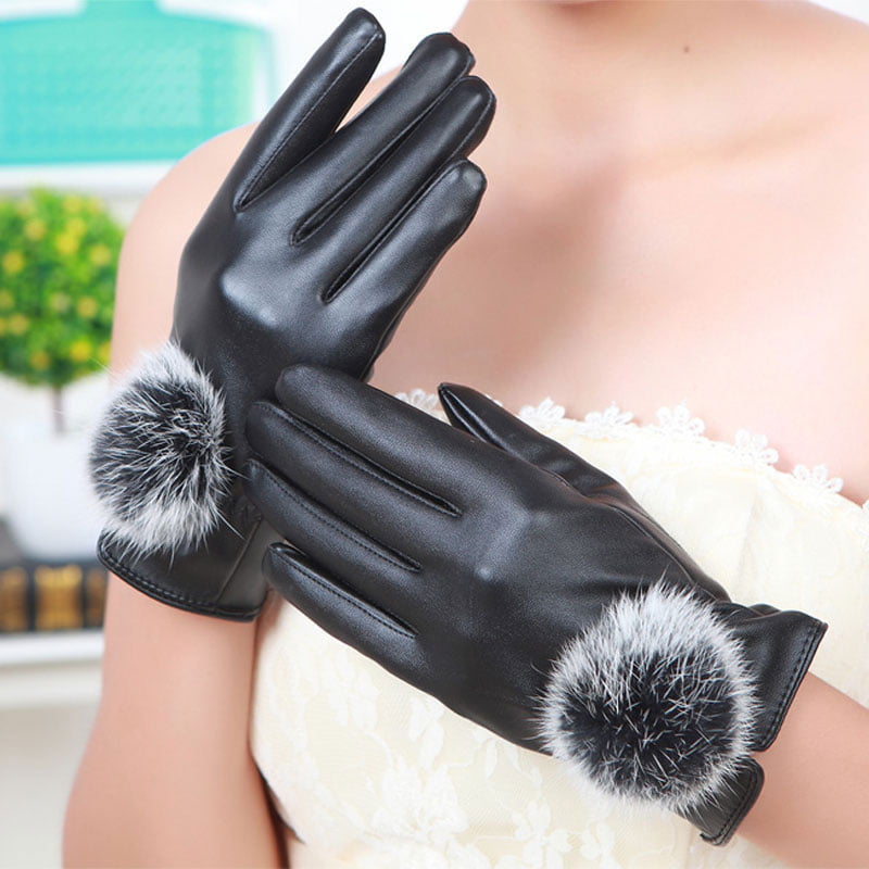 Women PU Leather Soft Gloves Winter Warm Rabbit Fur Balls Touches Screen Gloves 