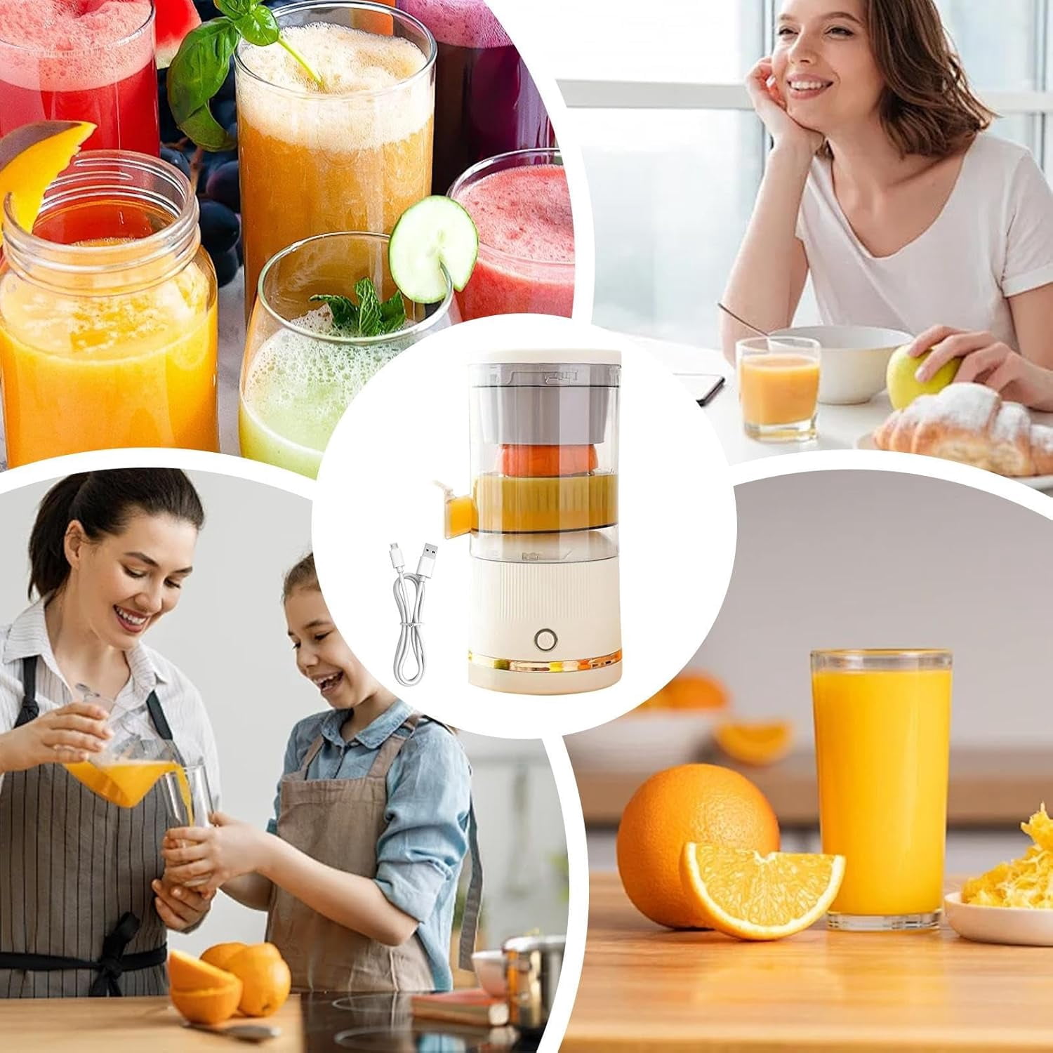 Wireless Electric Juicers, Fruit Press Machine with Juicing Head for Oranges Lemons KiwiFruit ,One-touch Operation Blade-free Design Easy to Clean Rechargeable for Kitchen Camping Travel (White)