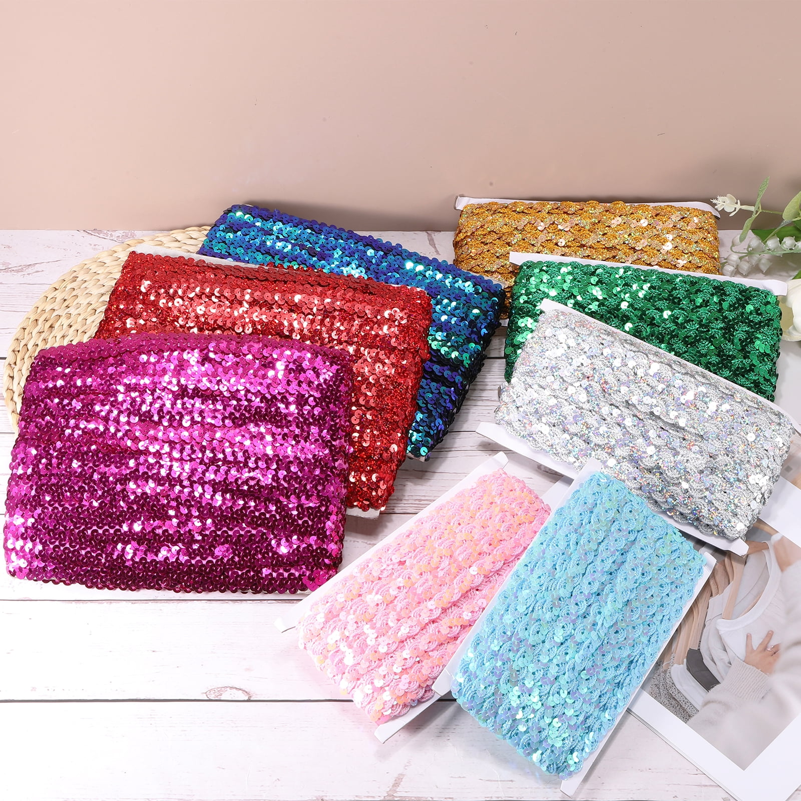 Uxcell 25 Yards 0.8 Inch Elastic Sequins Trim Flat Sequin Strip Paillette Fabric Ribbon for Crafts DIY Fringe Sewing Fluorescent Green