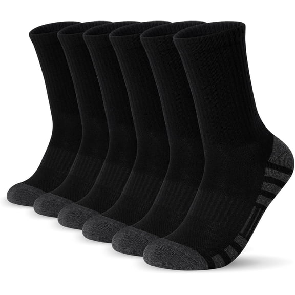 6 Pair Athletic Socks Sport Running Calf Socks Performance Cushioned Breathable Crew Socks for Men Women-9-12Black