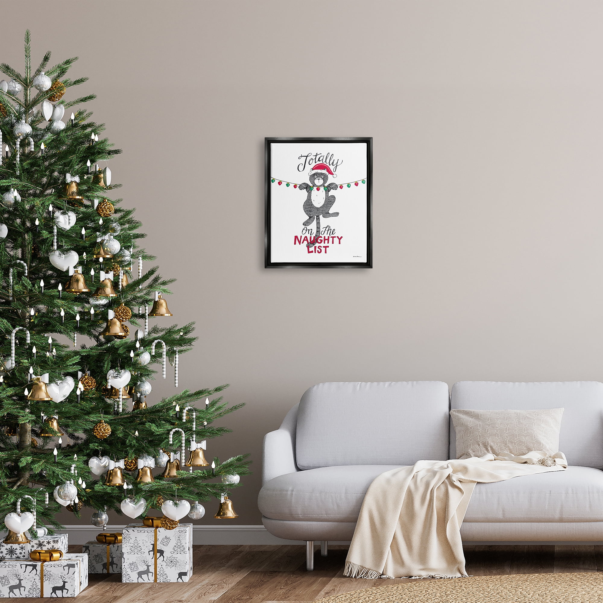 Stupell Industries Naughty List Cat Phrase Holiday Painting Black Floater Framed Art Print Wall Art, 17 x 21