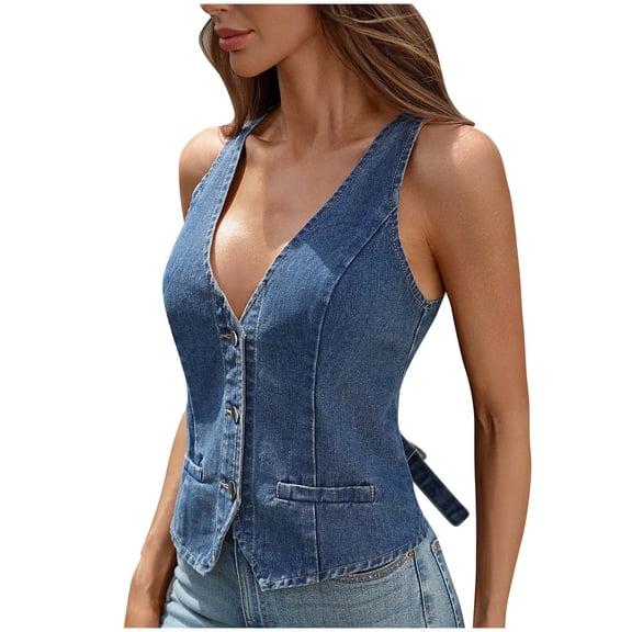 Gpaecead Women's Denim Button Vest - Casual Sleeveless Jacket Blue