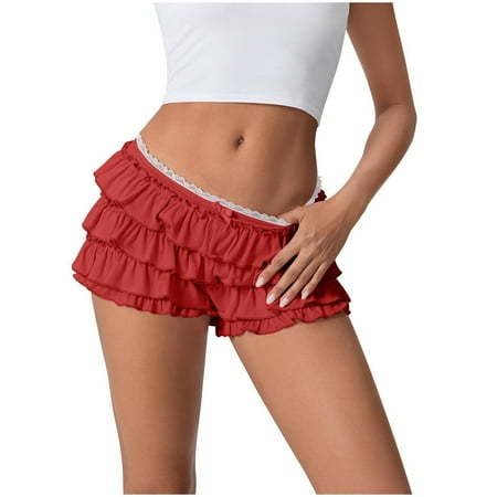 Arnsht Women Lolita Bloomers Cute Ruffle Shorts Lace Elastic Waist Casual Pants Fashion Boyshorts Layered Bottoms Y2k Sweet Pettipants Red S