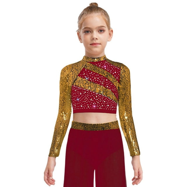 renvena Girls Long Sleeve Lyrical Dance Crop Top Sequins Backless Rhinestones Press Button Jazz Hip Burgundy 16