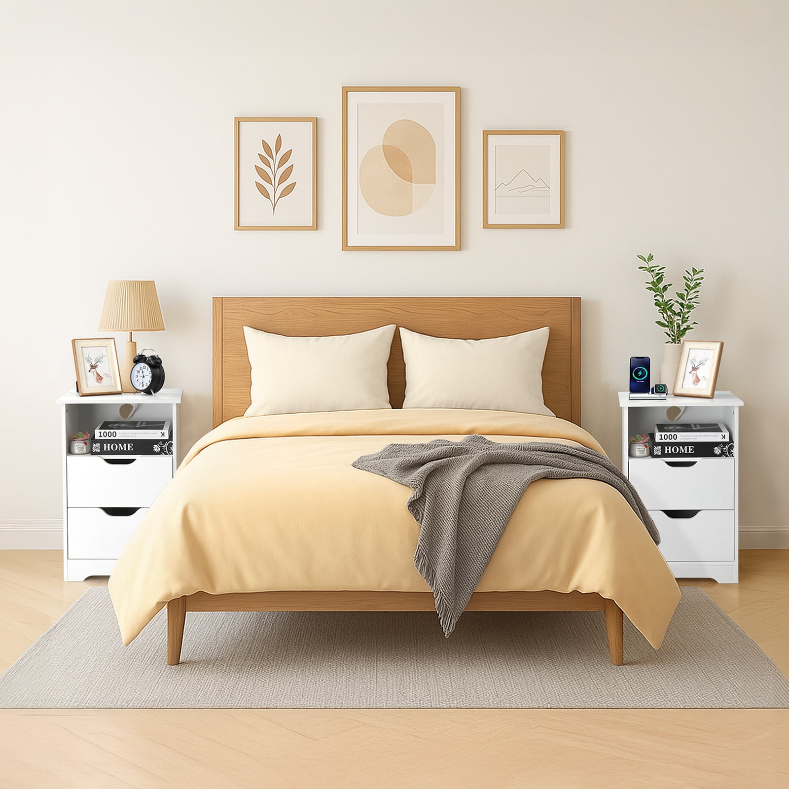 Ktaxon Set of 1 NightStand with Charging Station BedsideTable with 2 Storage Drawers,End Side for Bedroom,Country Style White