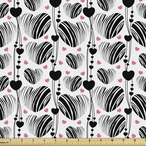 Valentines Day Upholstery Fabric by the Yard, Romantic Modern Pattern with Striped Black and Pink Hearts and Lines, Decorative Fabric for DIY and Home Accents, 10 Yards, Black Pink White by Ambesonne