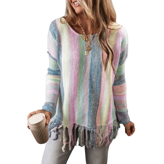 Women's Purple Color Block Fringed Tunic Sweater - Ombre Design | [ZhiHiMeRi] | (US 12-14)L