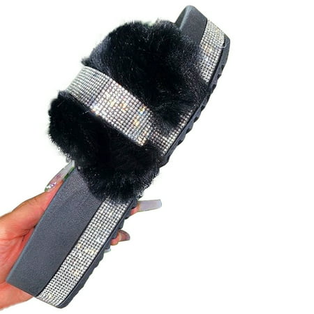 

Women s Rhinestone Fluffy Slippers Platform Faux Fur Sandals Flat Shoes Sliders