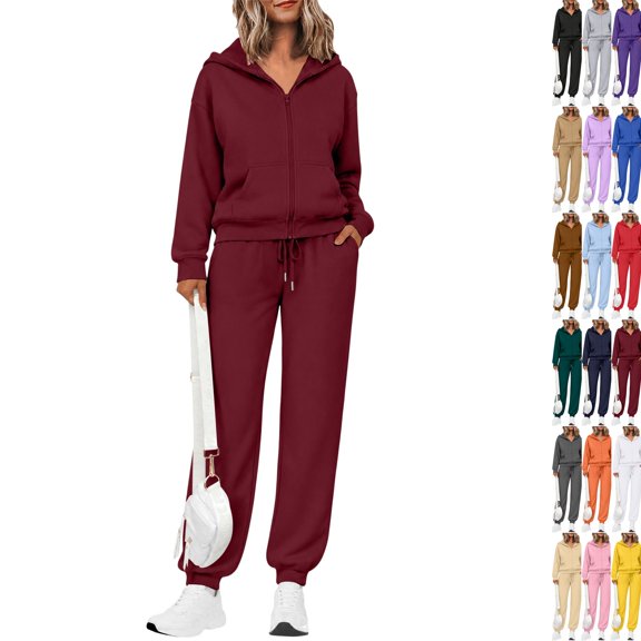 Women's 2 Piece Sets Fall Casual Outfits Drop Shoulder Full Zip Hooded Jacket Elastic Waist Sweatpants Daily Loungewear Suits Wine XL