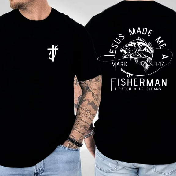 Jesus Made Me a Fishermen Print T Shirts for Mens Christian Cross Fish Hook Graphic Tees Short Sleeve Casual Tops for Daily Outfits Black,S