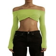thumbnail image 1 of Women Off Shoulder Long Sleeve Top Mesh Ruched Slim Fit Crop T Shirt Sheer Blouse, 1 of 5
