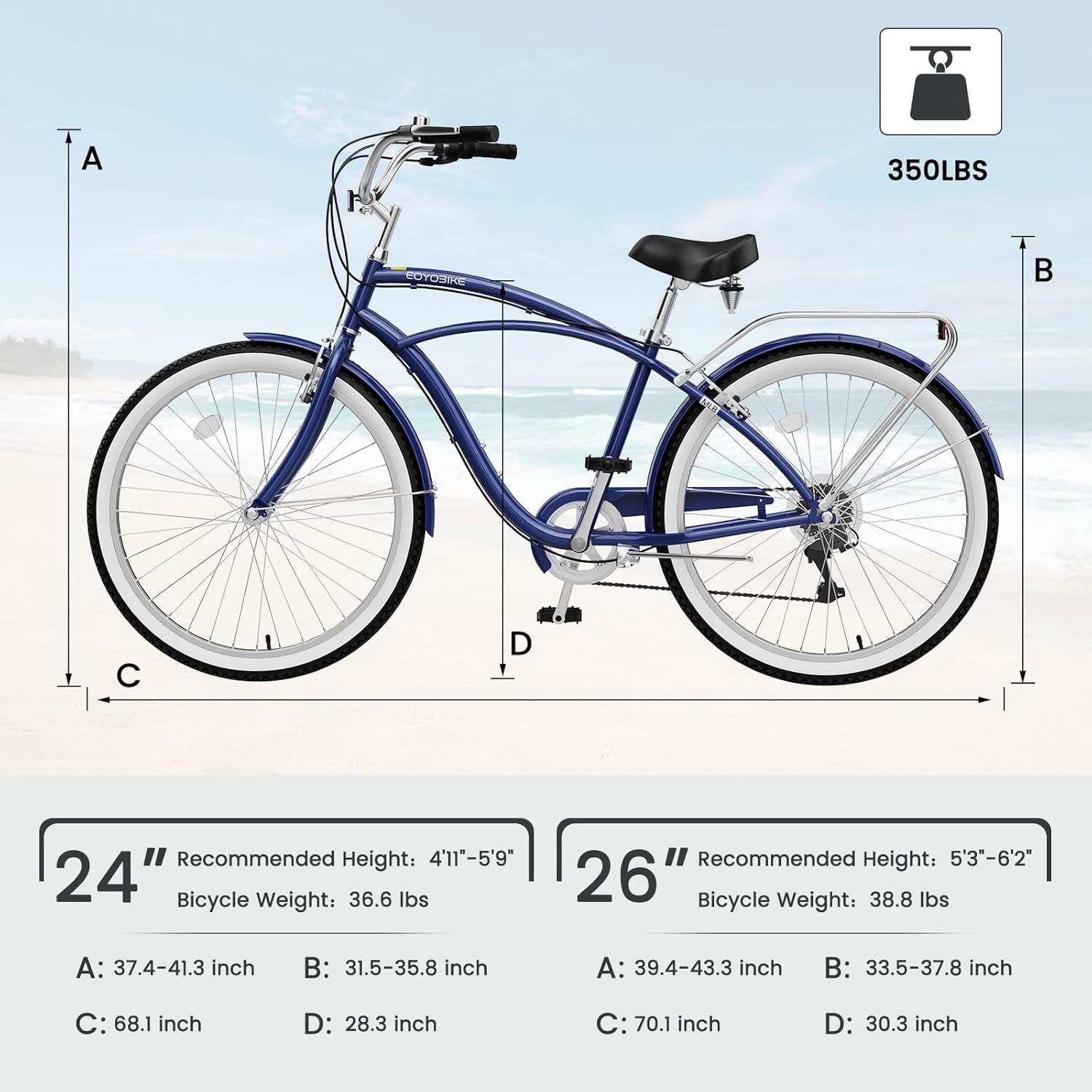 ABORON 26" Beach Cruiser Bike Women Men, Lightweight Adult Cruiser Bike with Rack, 7-Speed Cruiser Bicycle for Commuting, Carbon Steel Frame Commuter Bicycle