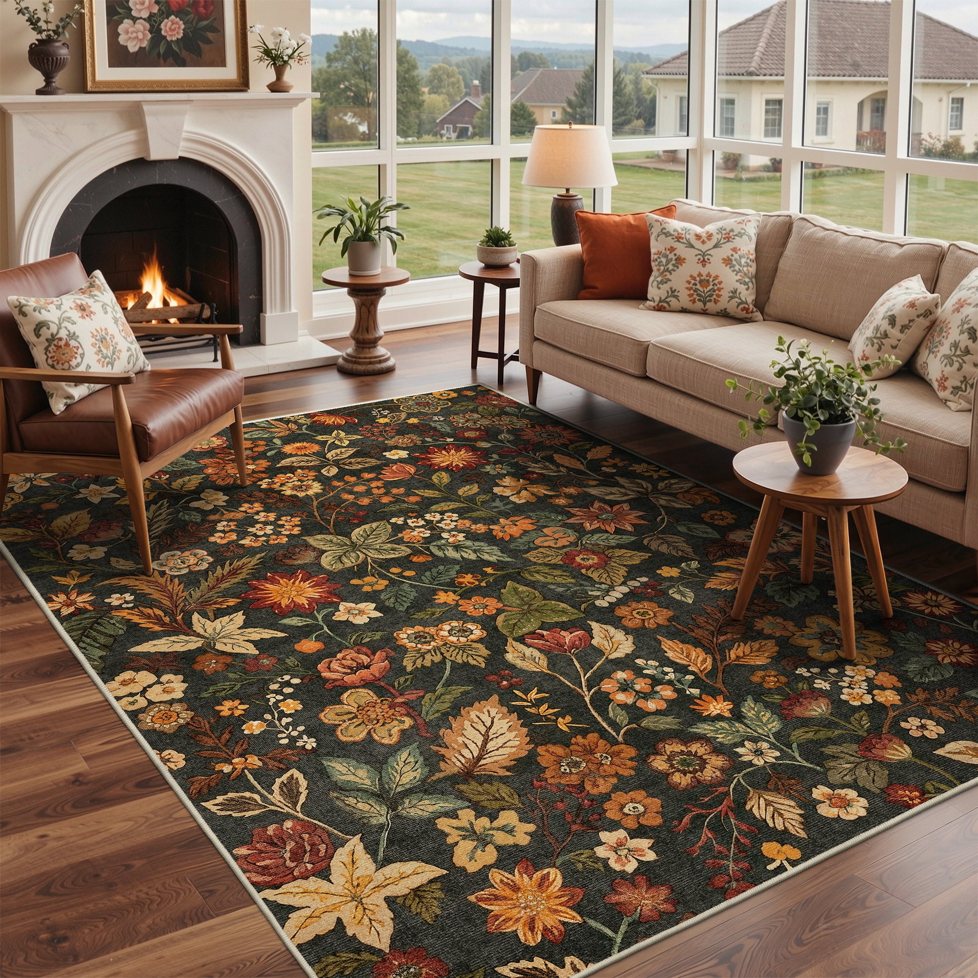KUETH 5x7 Vintage Floral Area Rugs Machine Washable Rugs for Living Room, Non Slip Flat Pile Rug with Rubber Backing, Boho Rug for Entryway Bedroom Dining Room Home Office