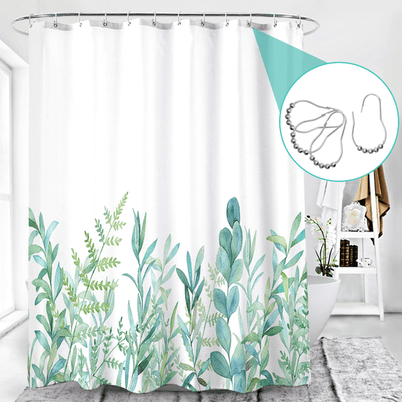 Green Foliage Shower Curtain, Waterproof Fabric with Spring Plant Design, 72x72 inches with Hooks
