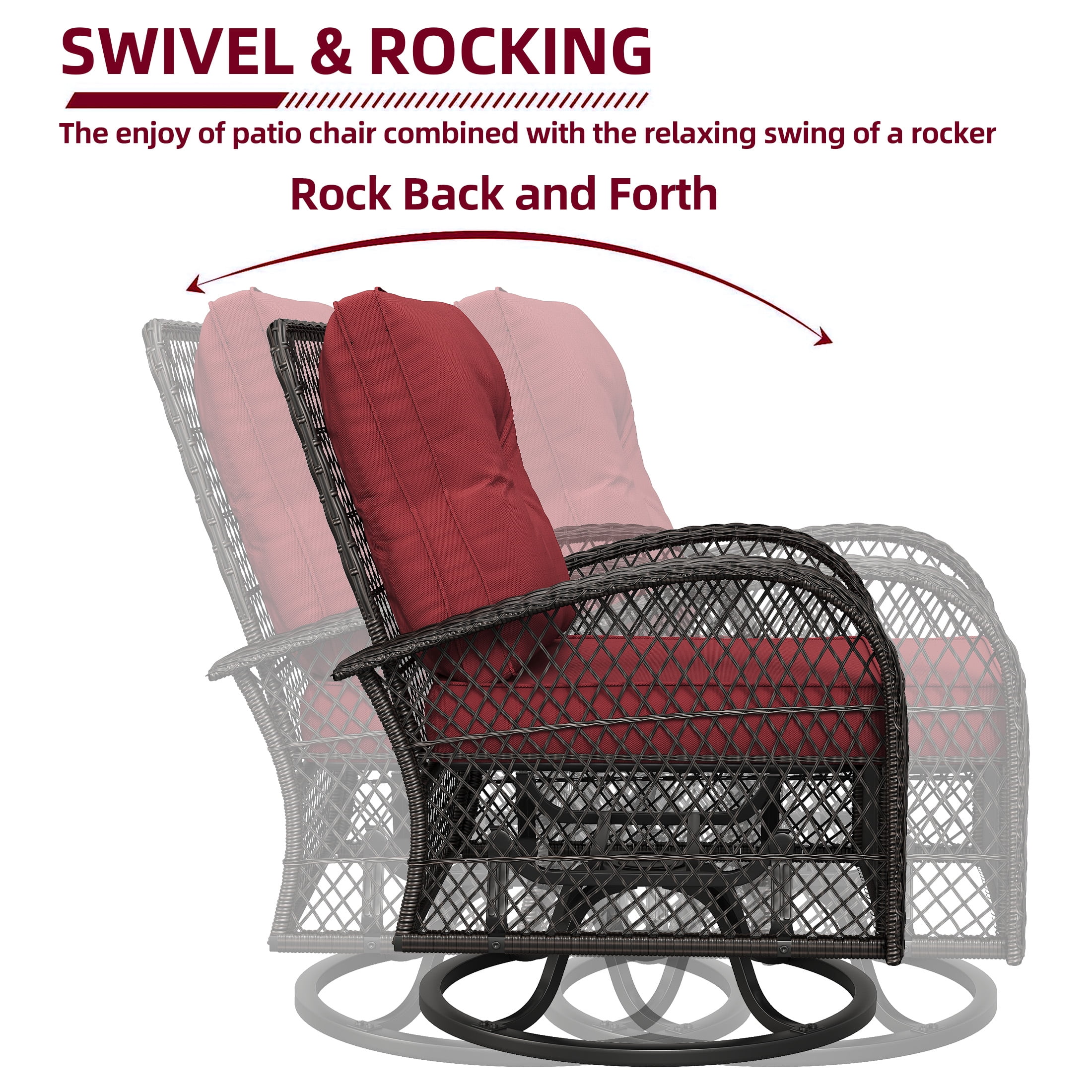 Techmilly 3 Pieces Patio Furniture Set, Outdoor Swivel Gliders Rocker, Glass Top Side Table  (Red)