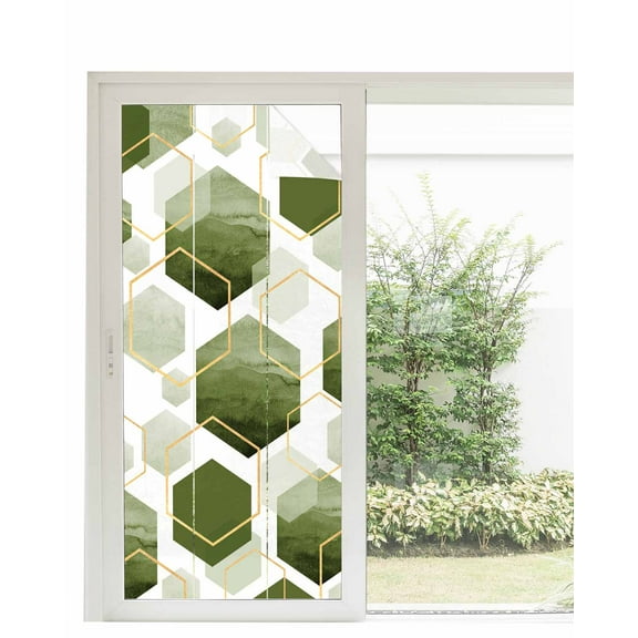 Window Privacy Film Sage Green Geometric Stained Glass Window Film Decorative Sun Block Window Cover Gold White Hexagon Modern Window Clings Static Adhesive Sticker for Bathroom 35.4"x78.7"
