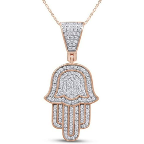 14K Rose Gold Finish Round Cut White Diamond 925 Sterling Silver Hamsa Hand Pendant Necklace for Women
