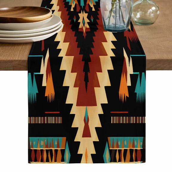 Boho Orange Teal Table Runner, Southwestern Abstract Geometric Ethnic Washable Cotton Linen Table Runners 90 Inches Long, Dresser Scarf Runner for Dining/Coffee/Kitchen/Hallway Tables 13''x90''