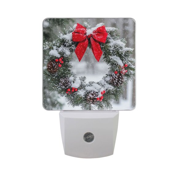 Snow Chiristmas Wreath with Bow LED Night Light with Smart Sensor Plug Into Wall Dusk to Dawn 2 packs