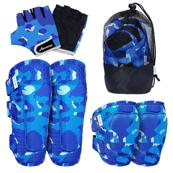 MOVTOTOP Protective Gear Set Kids Sports Protective Gears Knee Pads Elbow Pads Gloves for Cycling Skateboarding Size L/XL (Blue Camouflage Pattern), knee pads and elbow pads