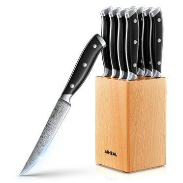 Aiheal Steak Knives Set of 8 with Beech Block, Stainless Steel Waved Pattern, Sharp Steak Knife