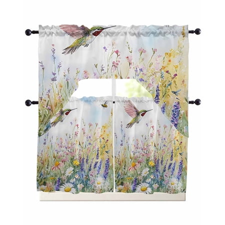 Spring Floral Kitchen Curtains Set for Windows 3 Piece Cafe Curtains 36 Inch Length Swag Curtains Valances and Tier Set Summer Flowers Bird Watercolor Drapes for Bedroom Bathroom Living Room