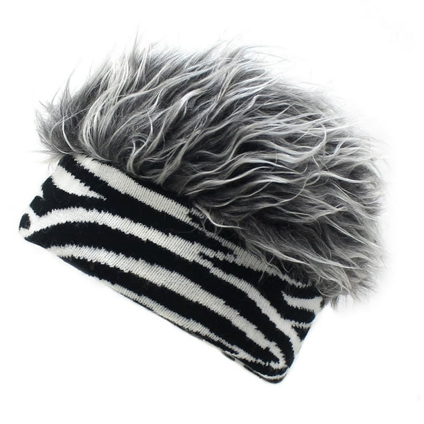 Men Fake Hair Knit Hat All-matching Style Hat for Matching Windbreaker  Jeans Cotton Jacket Grey Diagonal Zebra 