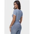 thumbnail image 2 of Women Summer Short Sleeve Shirts Crewneck Striped Color Block T Shirts Slim Fit Basic Tee Tops, 2 of 6