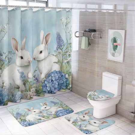 Rabbits with Hydrangeas And Wildflowers-4 4 Pcs Shower Curtain Sets Non-Slip Rugs And Toilet Mat Lid Rug Accessories Waterproof Shower Curtain for Bathtub Decor