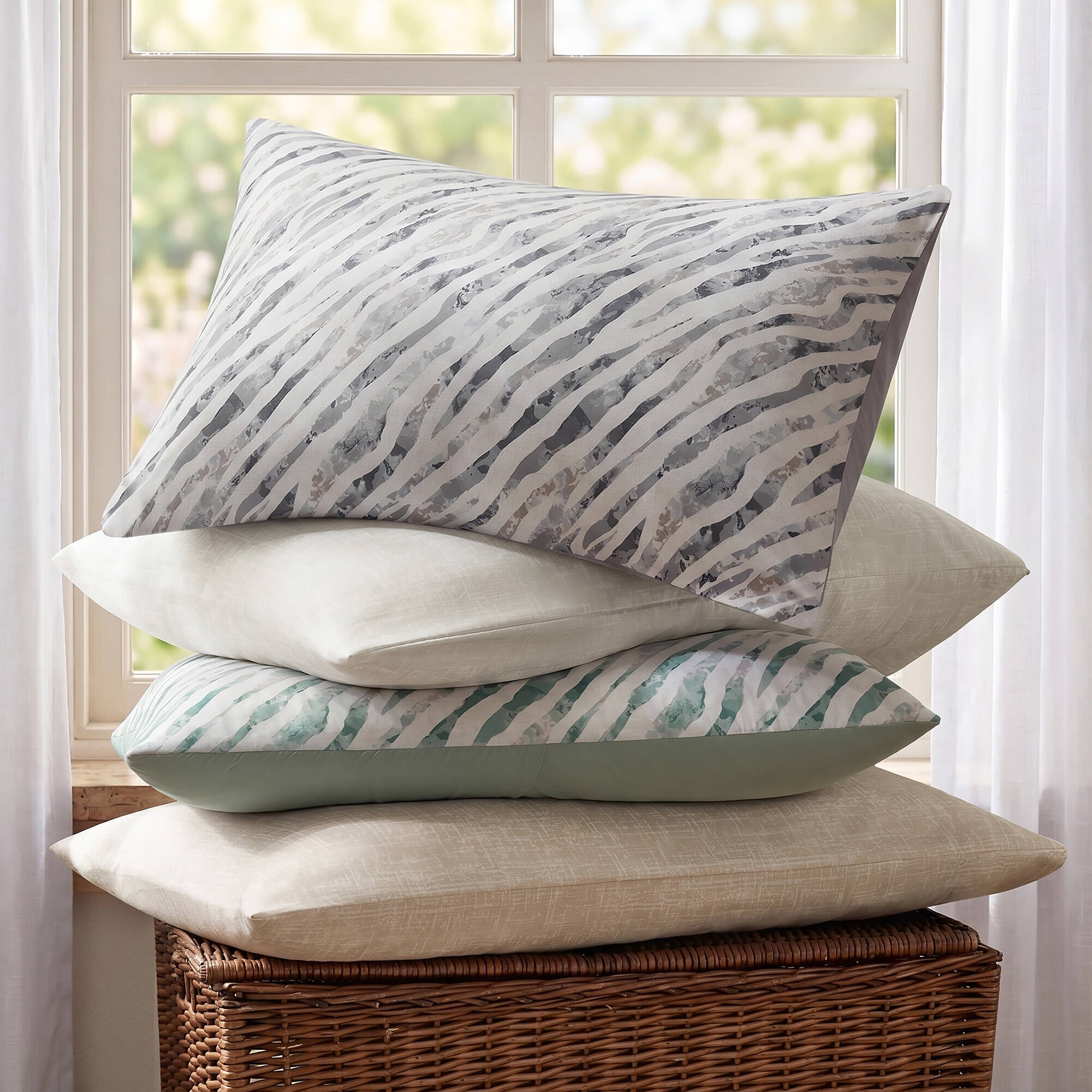 Green Grey Marble Stripe 7-Piece Bedding Set with Comforter Shams Flat Sheet Fitted Sheet Pillowcases, All-Season Polyester Microfiber Complete Bedding Bundle for Modern Bedroom