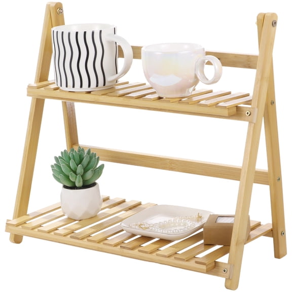 2-Tier Desktop Storage Organizer, Wood Desktop Flower Pot Rack, 15.7 in Slat Design Display Rack with Elevated Bottom for Kitchen, Bathroom, Office, Coffee Station