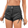 thumbnail image 3 of Women'S High Waisted Drawstring Ruched Tie Side Skinny Denim Stretch Shorts Black Grey XXL, 3 of 7