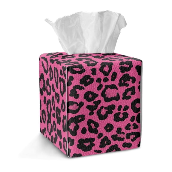 FKELYI Pink Leopard Print Tissue Box Cover PU Leather Tissue Holder Squared Facial Paper Organizer Holder Tabletop Decor for Home Bedroom Living Room