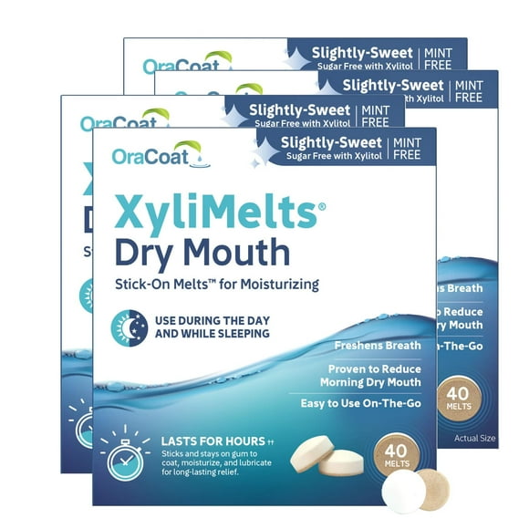 OraCoat XyliMelts Soulagement de la Bouche Sèche Disques Adhérents Hydratants pour la Bouche 40 Unités, Lot de 4, Légèrement Sucré avec Xylitol, pour Bouche Sèche, Stimule la Salive