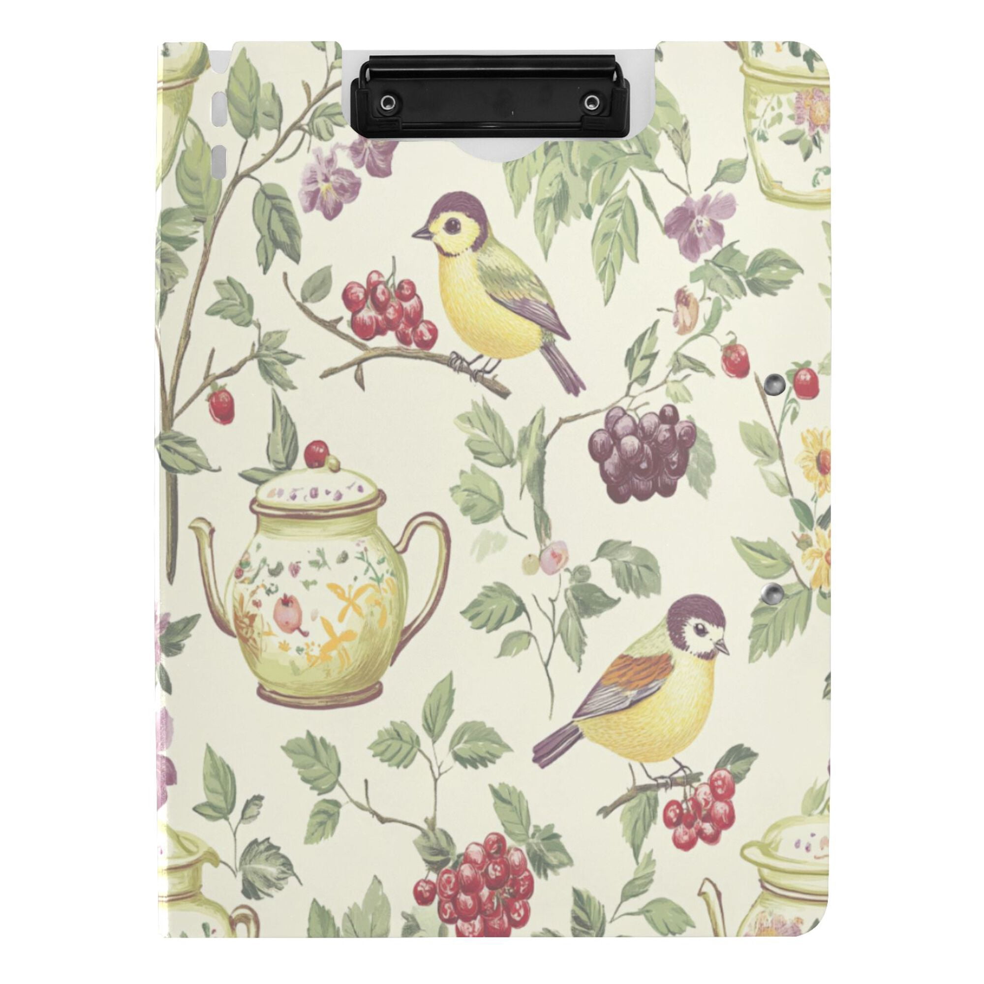 FORMRS A4 Clipboard Folder with Pen Holder Horizontal Foldable School Office Binder, Purple Birds Teapots