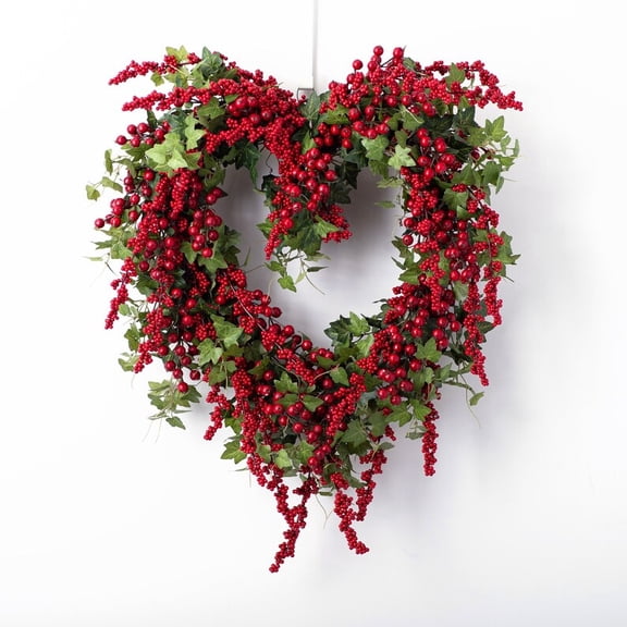 Valentines Day Wreath Heart Wreath with Red Berries Lush Green Ivy, Romantic Front Door Decoration for Spring Mother's Day, Perfect for Weddings & Indoor/Outdoor Farmhouse Décor