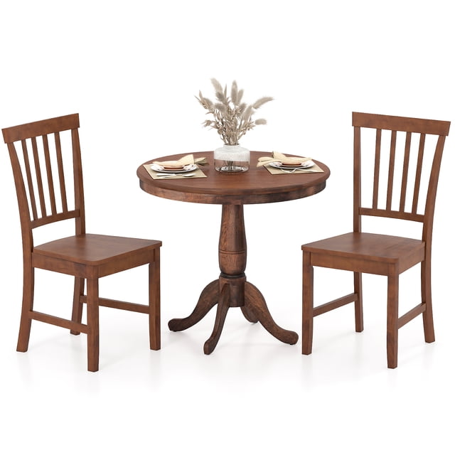 Gymax 3-Piece Dining Kitchen Table Dining Set Mid-Century Round WoodenTable & 2 Chairs