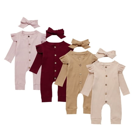

Gueuusu Baby Long Sleeve Ruffled Bodysuit Knitted Ribbed Jumpsuit + Headband