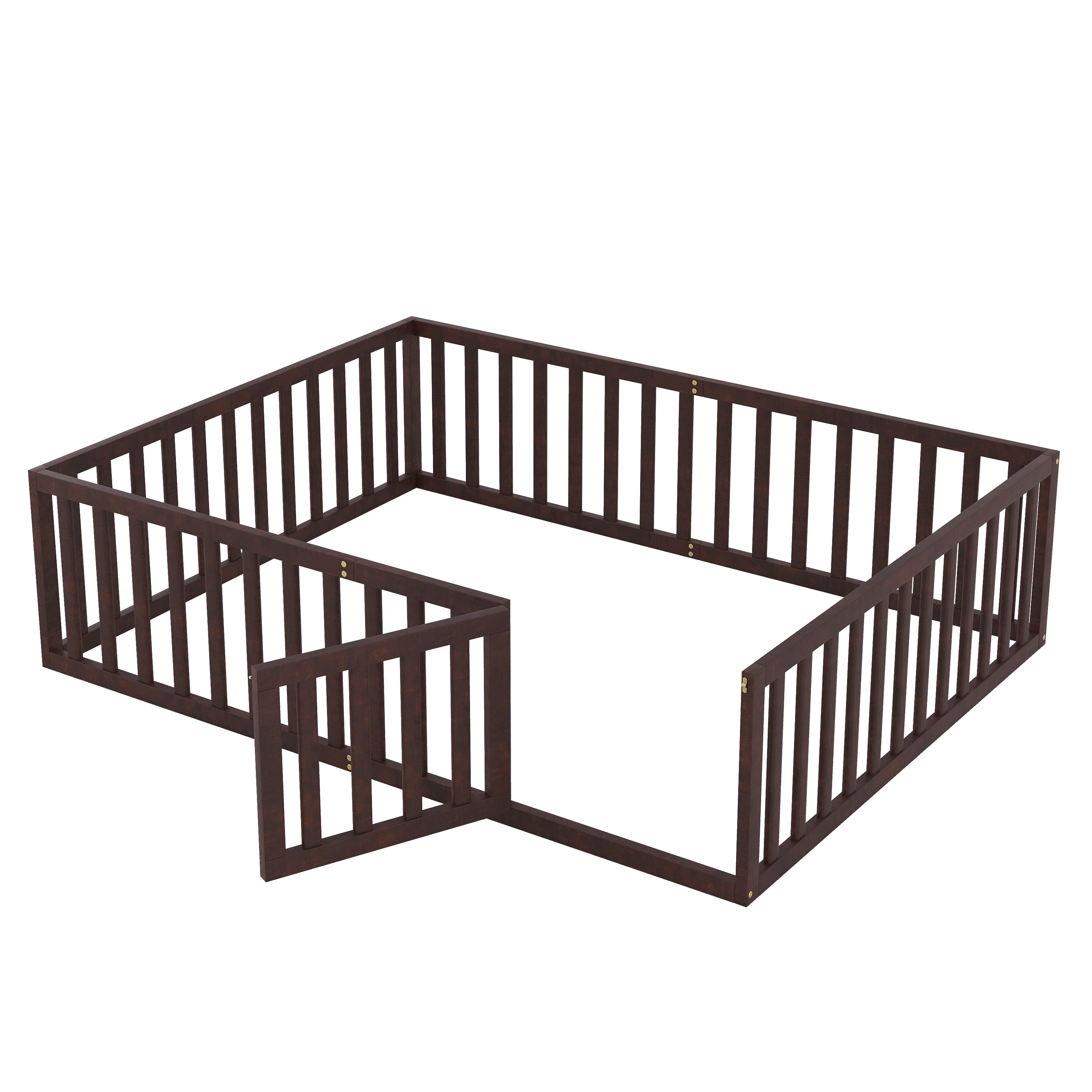 Euroco Wood Floor Bed with Fence and Door for Adults, Queen, Espresso