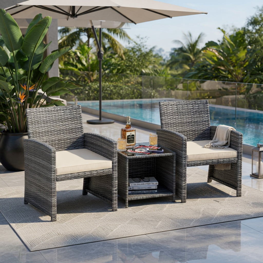 Hommoo 3-Piece Outdoor Patio Furniture Set, PE Rattan Sofa Chairs with Tempered Glass Coffee Table, Weather-Resistant Wicker for Porch, Poolside & Backyard, White