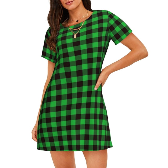 Vsdgher Chemise de Nuit à Carreaux Buffalo Vert Noir Motif Manches Courtes Col Rond Mignonne Robe de Nuit Confortable