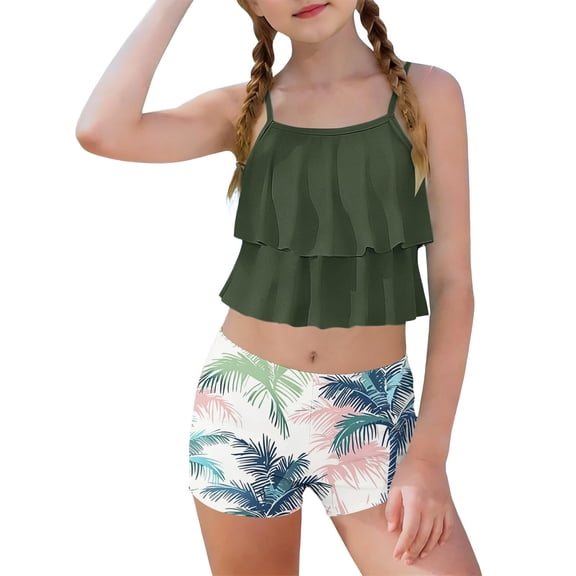 Girls 2 Piece Swimsuit Set Ruffle Tankini Top & Tropical Print Boy Shorts Quick Dry UPF Swimwear Ages 6-15,Size 6-7 T