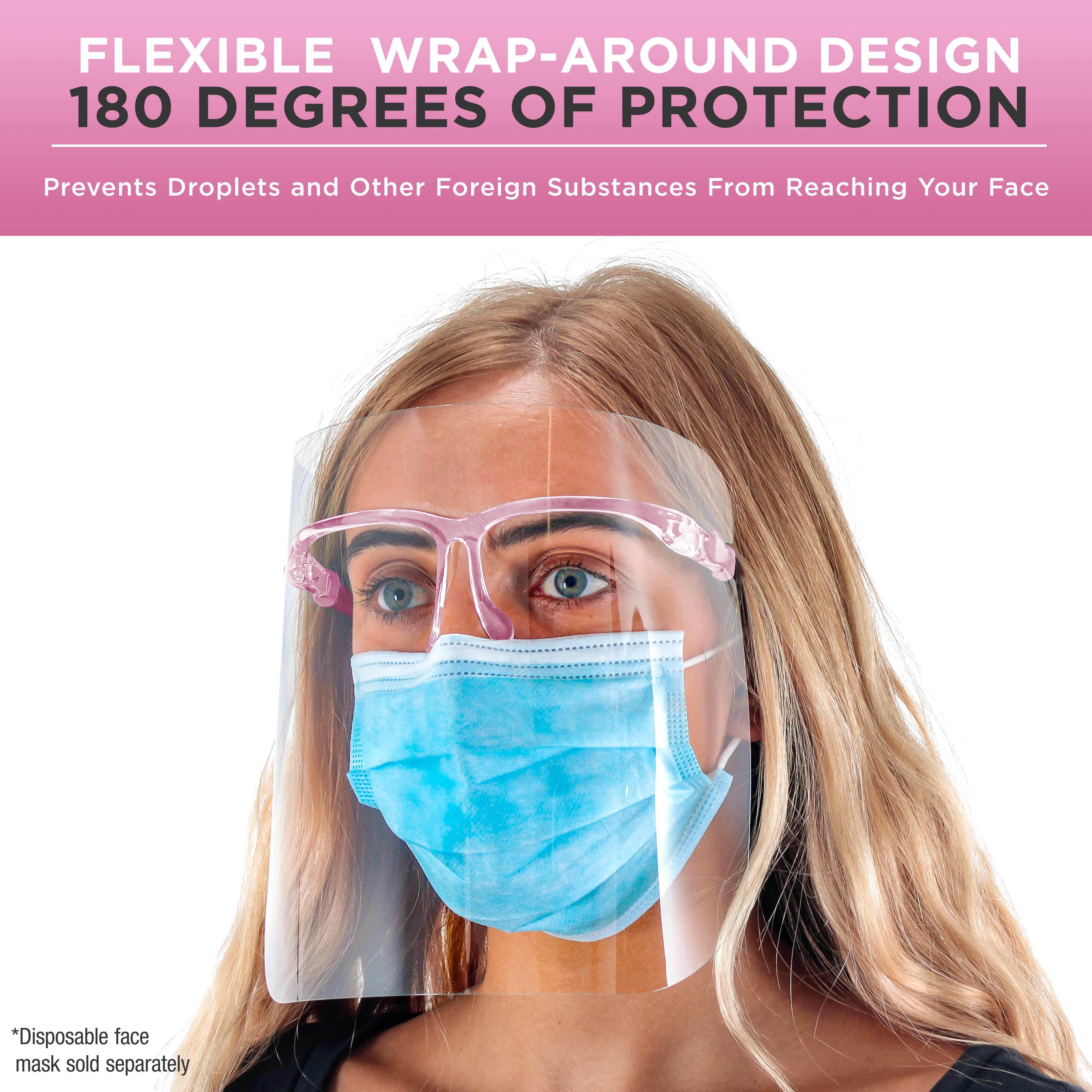 TCP Global Salon World Safety Face Shields with Pink Glasses Frames (Case of 500) - Ultra Clear Protective Full Face Shields to Protect Eyes, Nose, Mouth - Anti-Fog PET Plastic, Goggles