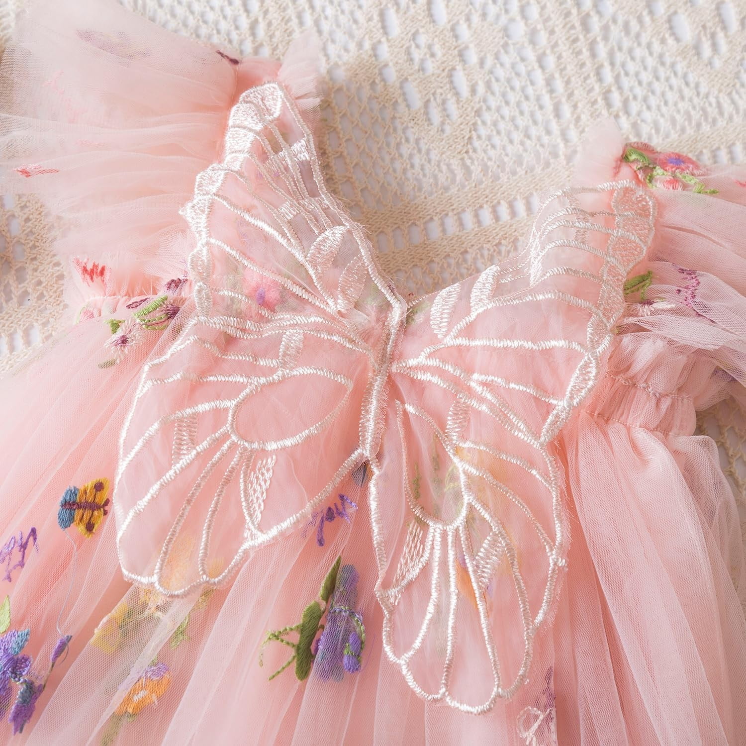 Pandaie Baby Girl Tulle Dress Flower Butterfly Wing Embroidery Sleeveless Romper Mesh Tutu Skirt Toddler Princess Birthday Party Dresses 6-12 Months Pink